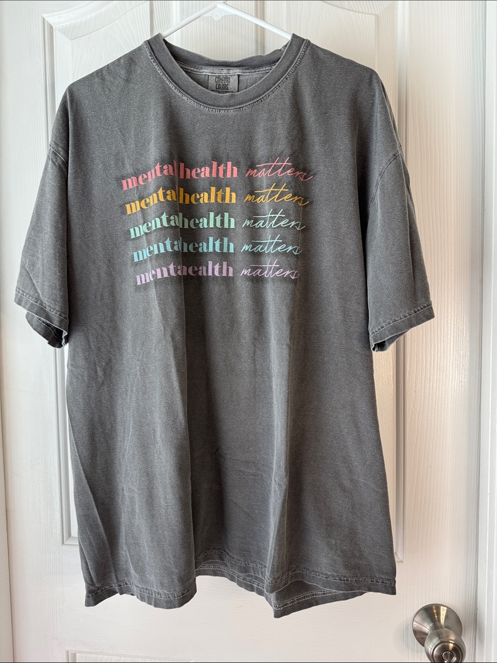Comfort Colors Charcoal Grey Mental Health Matters Tee with Rainbow Script